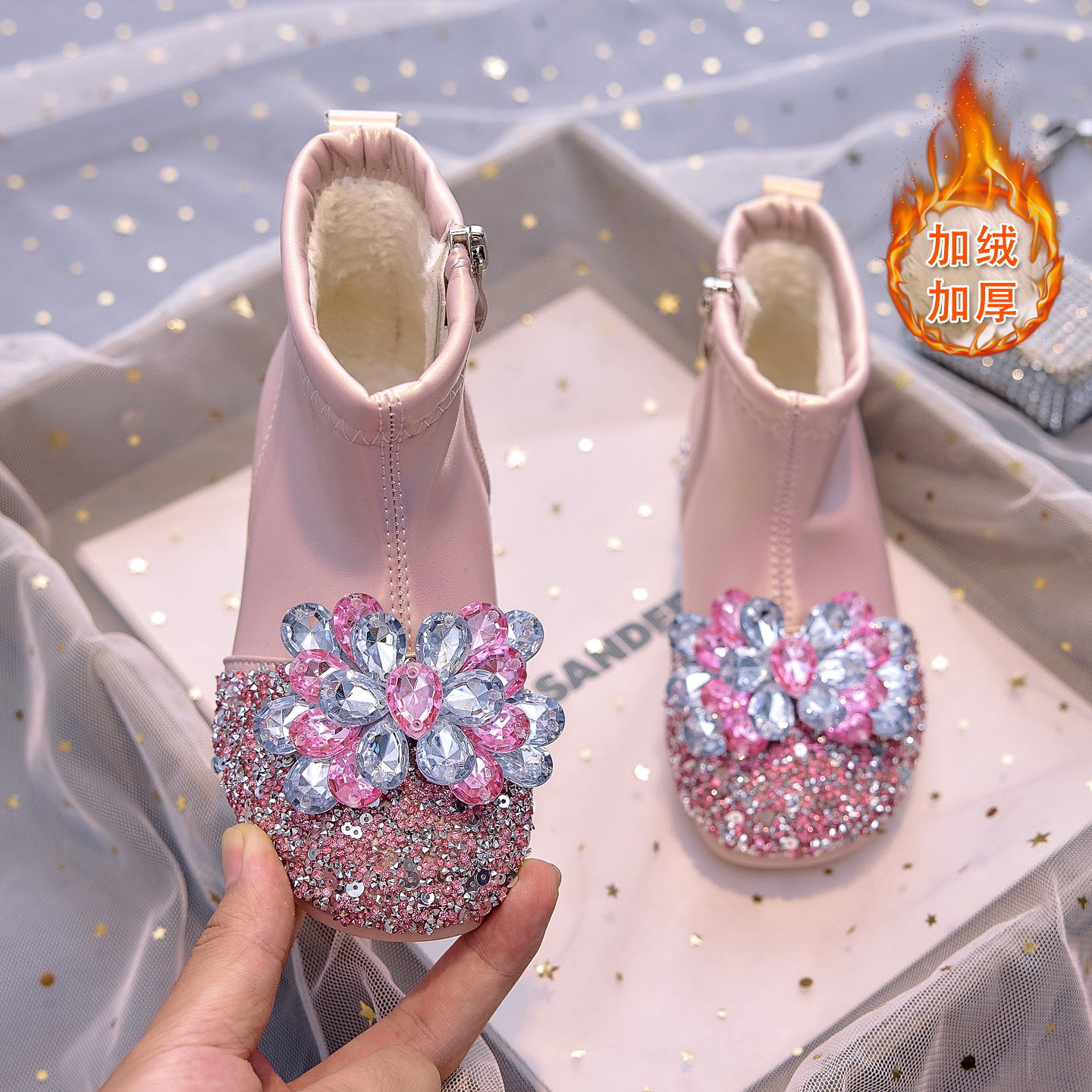 女童水晶短靴2025秋冬新款软底女孩公主鞋加绒儿童靴子高跟鞋皮靴 - 图1