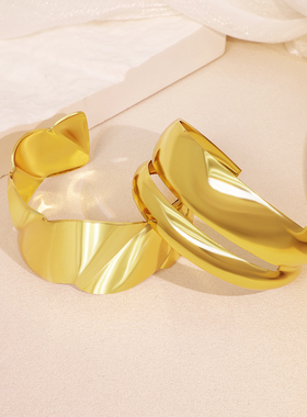 复古极简不对称金色不锈钢手镯个性化夸张简化几何抽象设计手镯