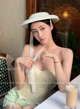 韩系复古白色蕾丝飘带盆帽