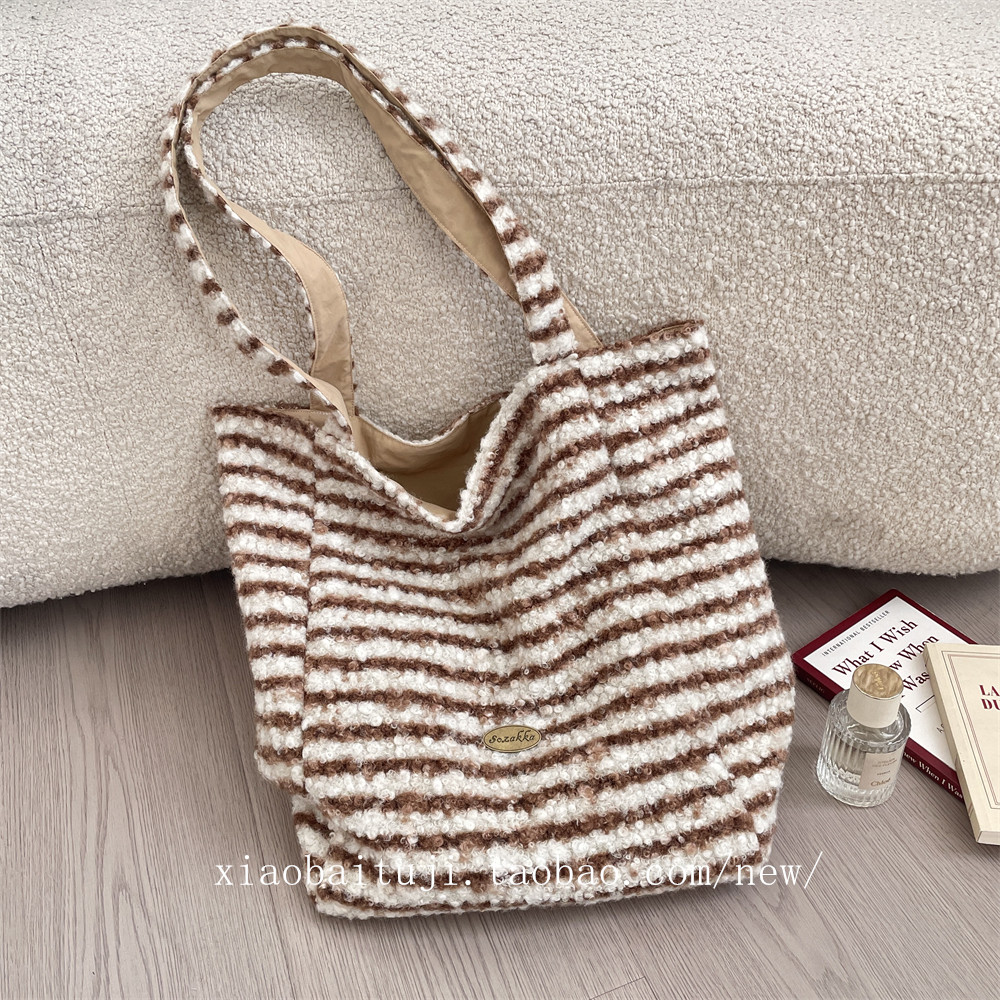 小白兔几毛绒粉条纹双面单肩包女手提包印花帆布包正反两用帆布袋,淘宝优惠券,粉丝福利购,淘宝优惠卷