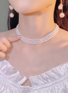 时尚款小米珠多层磁吸扣项链女轻奢设计感锁骨链网红气质夏季颈链