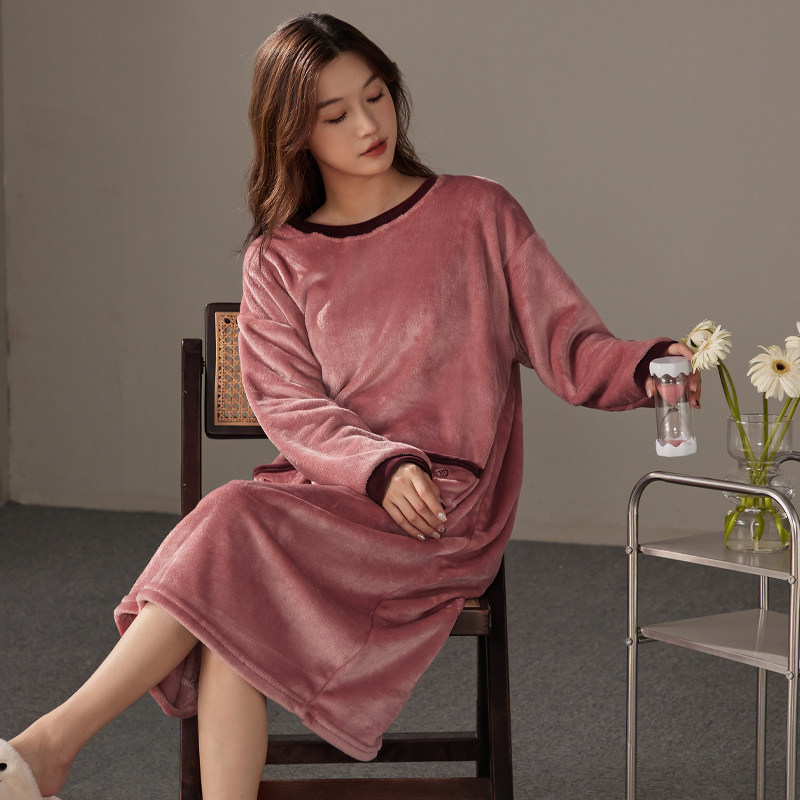 秋冬季珊瑚绒睡裙女带胸垫长袖加厚保暖睡衣长款法兰绒睡袍家居服,淘宝优惠券,粉丝福利购,淘宝优惠卷