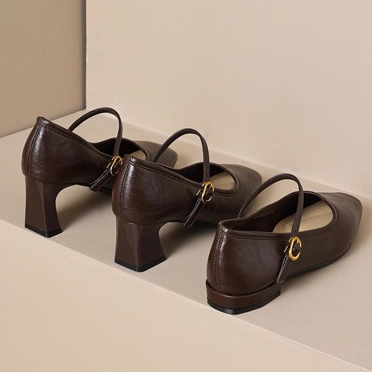 真皮~法式复古黑色高跟鞋2025春季一字带通勤工作粗跟玛丽珍单鞋