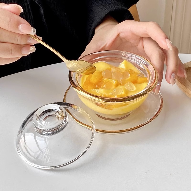 燕窝盅带盖玻璃碗点心甜品碗套装碗透明家用中式碗碟套装金边耐热 - 图0