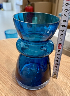 日本中古纯手作复古蓝色绿色琉璃花瓶 美丽孤品