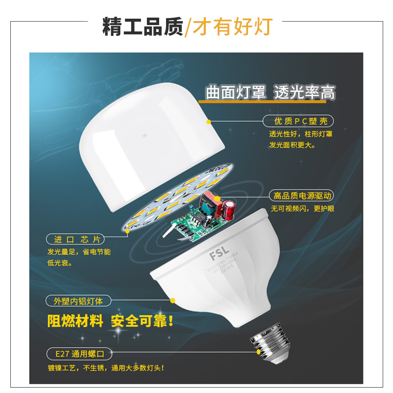 FSL 佛山照明LED柱形灯泡E27螺口大功率超亮家用室内大功率节能灯 - 图1