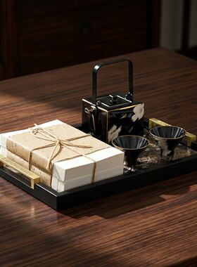 新中式轻奢茶具套装陶瓷金边装饰摆件书房茶几托盘高端艺术品摆设