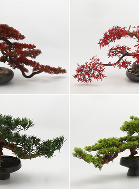 新中式玄关迎客松红枫树绿植摆件