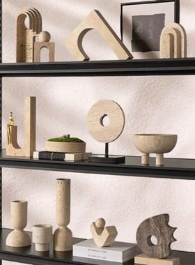 创意几何黄洞石桌面摆件侘寂风样板房客厅装饰高级感天然石工艺品