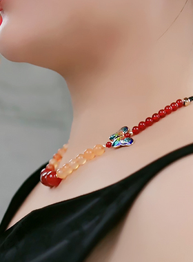 珠花蝶度红色品质项链原创手作女