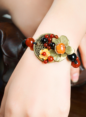 珠花蝶度女玛瑙贝壳花古风手链