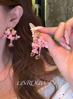 蝴蝶结花朵串珠耳钉甜美