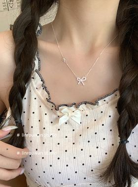 林肉完精致镶钻双蝴蝶结吊坠项链