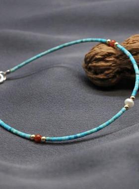 珍珠手链复古极细蓝色松石手链