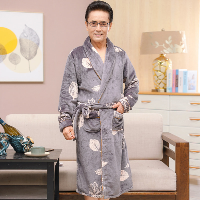 睡袍男士中年爸爸睡衣秋冬季加厚加绒中长款珊瑚绒家居服冬天保暖,淘宝优惠券,粉丝福利购,淘宝优惠卷