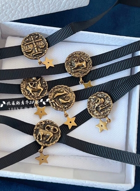 实拍正确版做旧复古12星座五角星吊坠黑色布带项链choker颈链可调