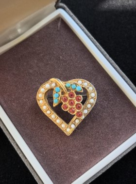 中古莱茵石彩宝素金心形胸针心形胸针