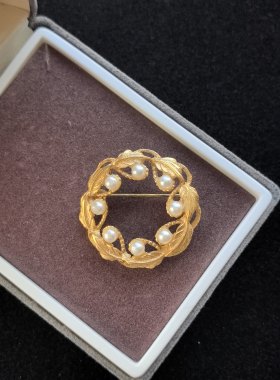 中古Vintage素金仿珠叶子胸针圆形胸针复古宫廷风胸针