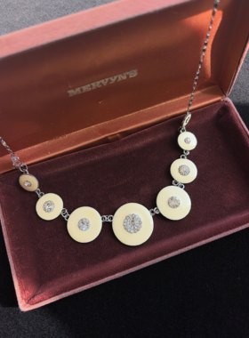 中古奶油珐琅莱茵石项链珐琅项链