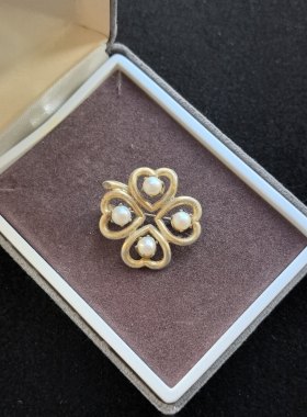 中古vintage复古素金仿珍珠四叶草胸针孤品