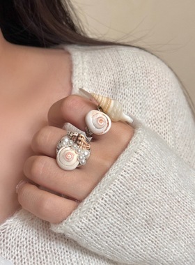 海洋风手工镶嵌珍珠天然贝壳海螺开口戒指 ins复古沙滩风叠戴指环
