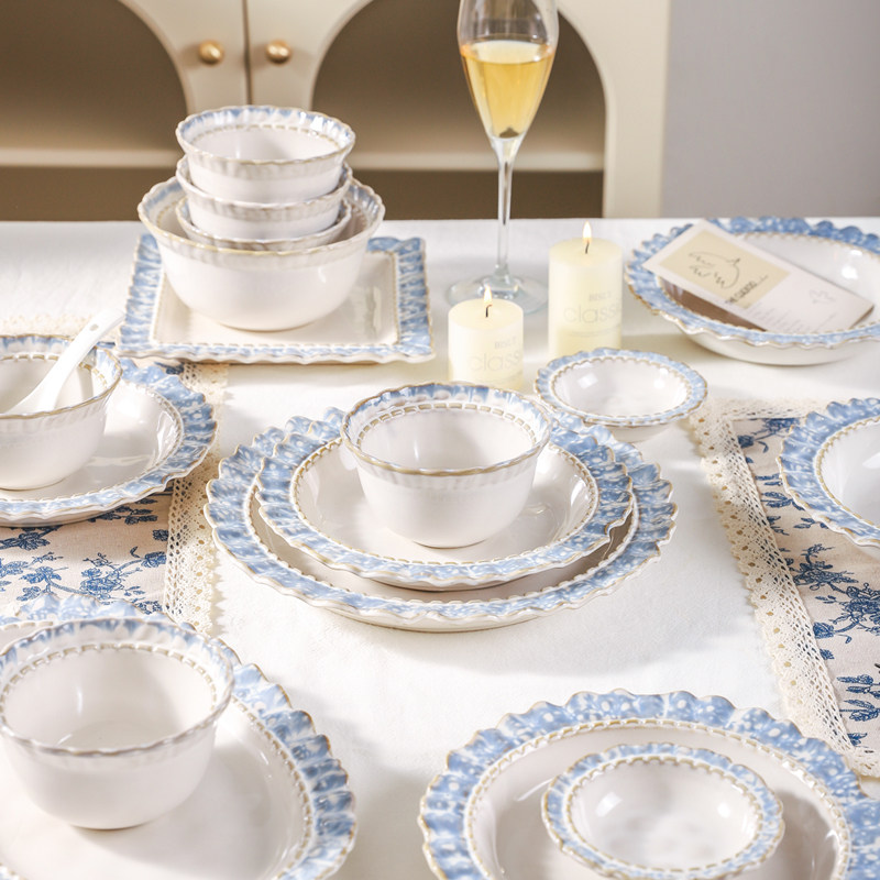 川岛屋烟蓝碗碟套装家用高级感碗盘碗筷组合乔迁法式轻奢餐具套装,淘宝优惠券,粉丝福利购,淘宝优惠卷