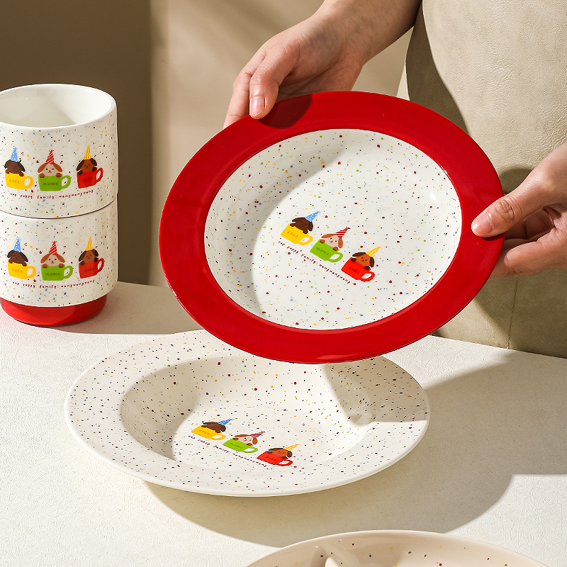 川岛屋可爱陶瓷碗家用儿童饭碗酸奶碗盘子一人食餐具双耳碗早餐盘