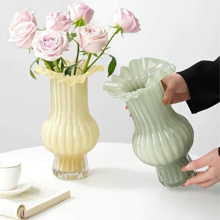 创意中古玻璃花瓶客厅水养插花高级感百褶裙摆件玻璃花瓶餐桌饰品,淘宝优惠券,粉丝福利购,淘宝优惠卷