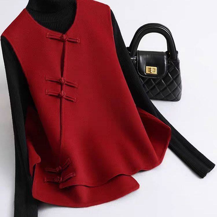 新中式毛呢马夹女秋冬季新款红色国风复古毛呢外套马甲,淘宝优惠券,粉丝福利购,淘宝优惠卷