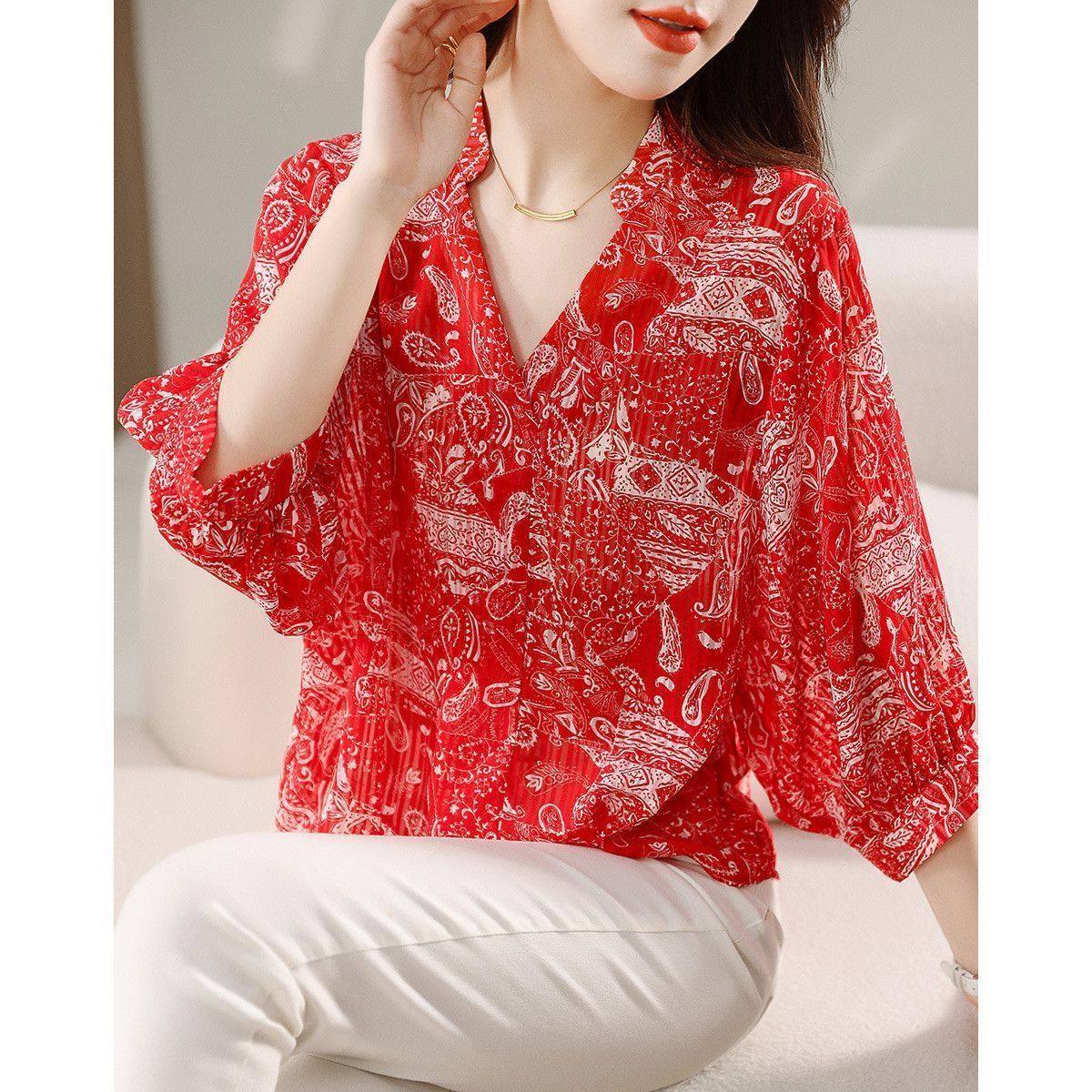 清凉透气雪纺衬衫2025夏季新款民族风印花休闲显瘦V领中袖衬衣,淘宝优惠券,粉丝福利购,淘宝优惠卷
