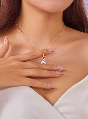 厚土珠山跨境专供圣诞节圣诞树雪花吊坠项链女欧美圣诞铃铛锁骨链