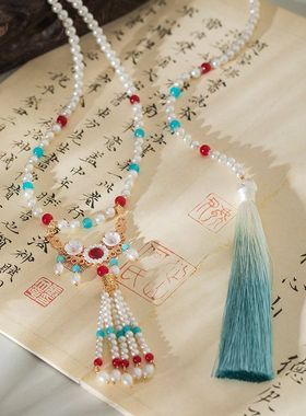 厚土珠山跨境长相守长款晚明风璎珞汉服珍珠项链古风镀金流苏项圈