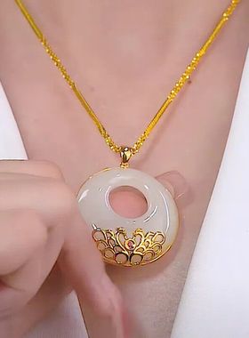 天然和田玉平安扣吊坠鎏金镶玉平安锁项链女纯银玉石玉坠送妈妈礼