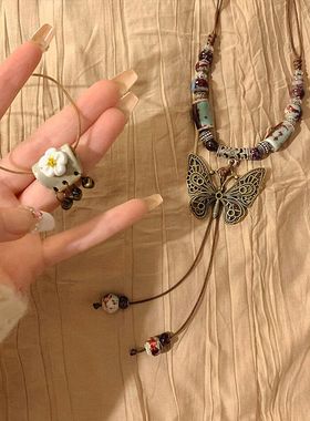 波西米亚复古蝴蝶串珠新中式国风项链女禅意叠戴百搭配饰毛衣链