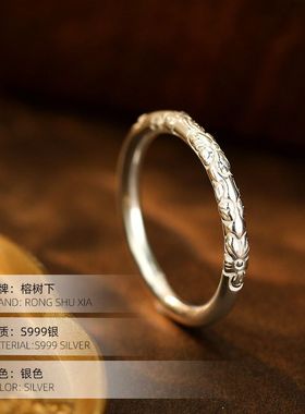 Htzs跨境足银s999古法素樱花戒指女实心纯银紫荆花闭口指环浮雕戒