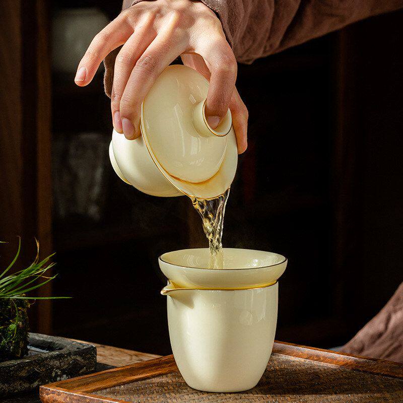 Suet Jade Gemstone Yellow Kung Fu Tea Set Home Office Tea Maker Cover Bowl Teacup Gift Box Gift Wholesale