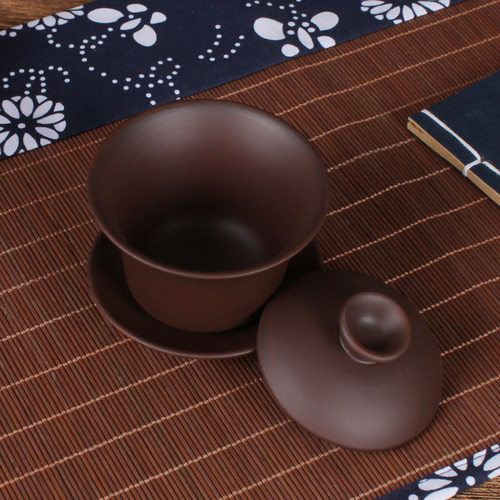 功夫茶具家用茶碗紫砂三才碗茶杯大号陶瓷盖碗套装带盖冲泡茶碗 - 图1