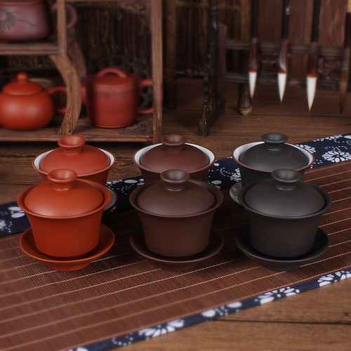 功夫茶具家用茶碗紫砂三才碗茶杯大号陶瓷盖碗套装带盖冲泡茶碗 - 图0