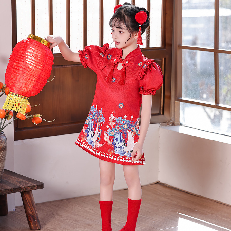 元旦儿童喜庆中国风红旗袍演出服女幼儿灯笼梦娃舞蹈裙元日表演服,淘宝优惠券,粉丝福利购,淘宝优惠卷