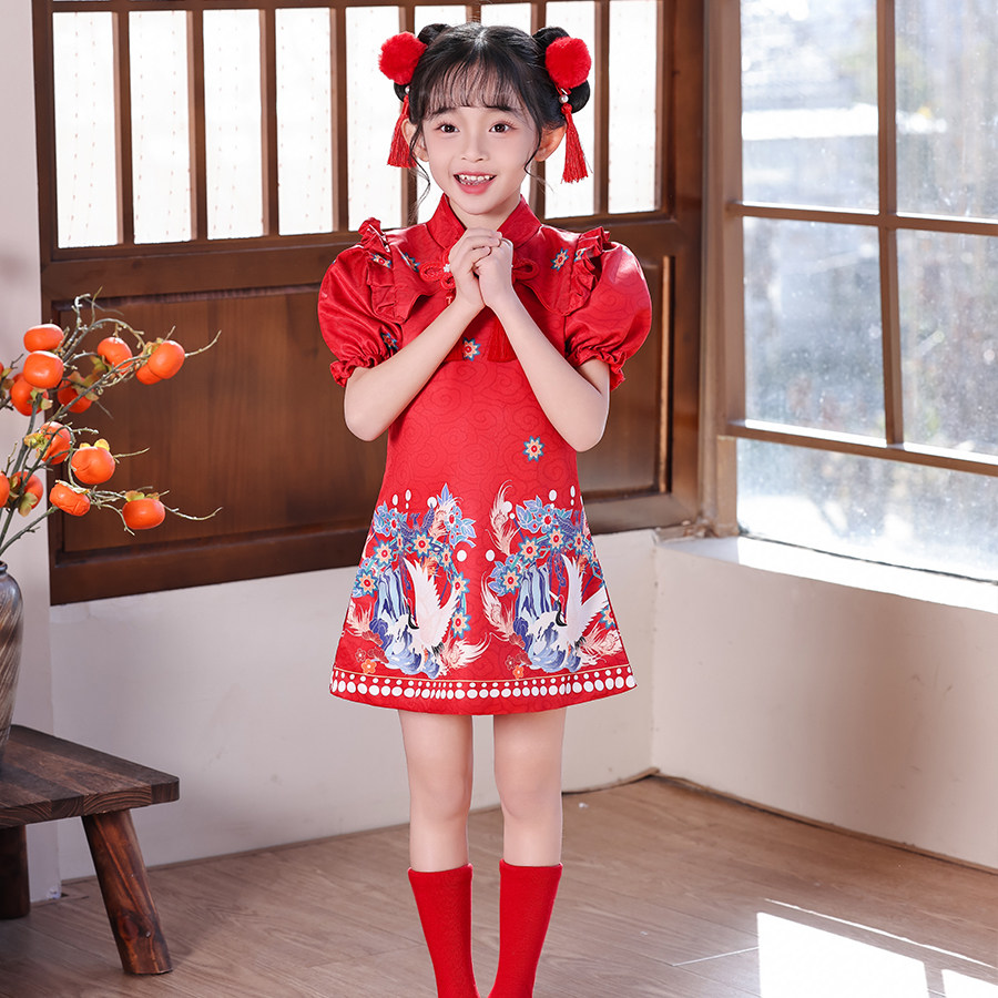 元旦儿童喜庆中国风红旗袍演出服女幼儿灯笼梦娃舞蹈裙元日表演服,淘宝优惠券,粉丝福利购,淘宝优惠卷