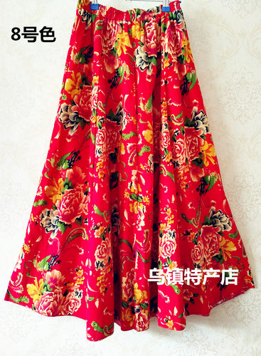 印花大花裙夏波西米亚裙子碎花高腰A字大摆裙棉麻半身长裙松紧腰 - 图0