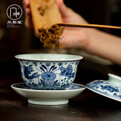 三勤堂青花手工盖碗三件套景德镇复古陶瓷鱼藻纹功夫茶具高端手绘 - 图0