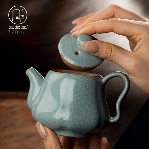 三勤堂汝窑茶壶景德镇陶瓷开片单壶功夫茶具泡茶器家用过滤南瓜壶 - 图0