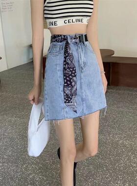 帆布拼丝巾腰带女配连衣裙