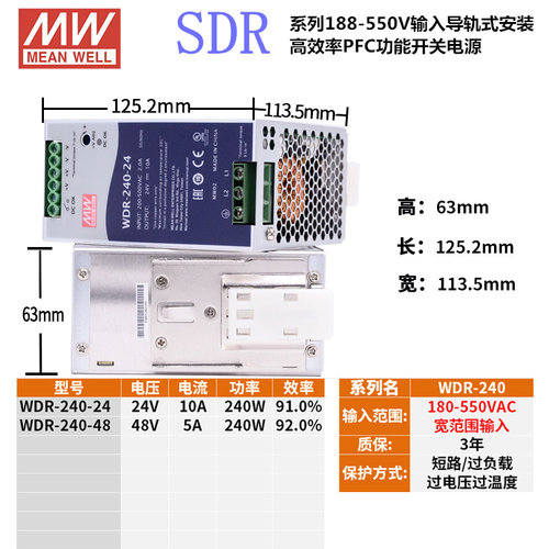 明纬WDR导轨PFC开关电源12V48V 380V转24V120W240W480W 10A20A - 图2