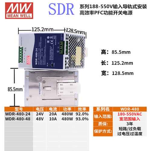 明纬WDR导轨PFC开关电源12V48V 380V转24V120W240W480W 10A20A - 图3