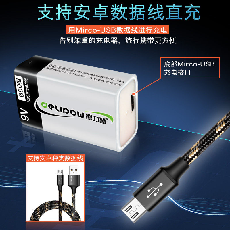 德力普9v大容量usb万用表锂电池 德力普九九八一万用表