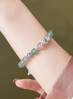 s925银天然绿草莓晶灰月光石手链