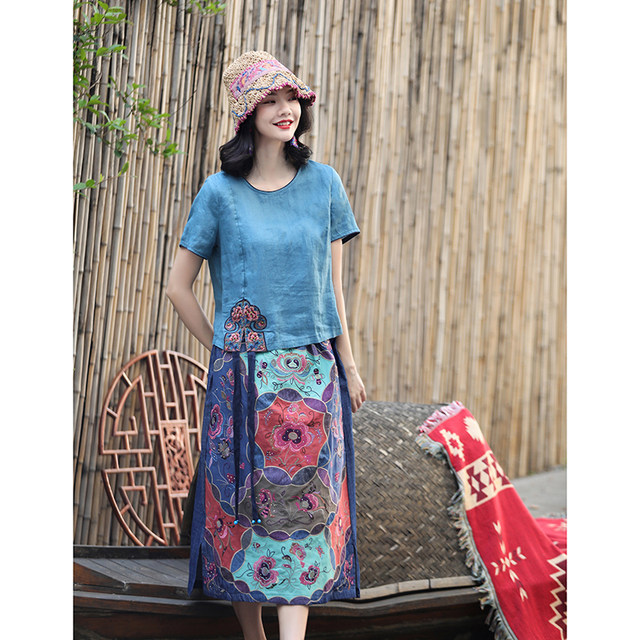 Summer heavy embroidered retro style commuting mid-length skirt