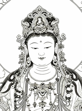 工笔画底稿工笔人物观音菩萨佛像竖副白描6#打印稿
